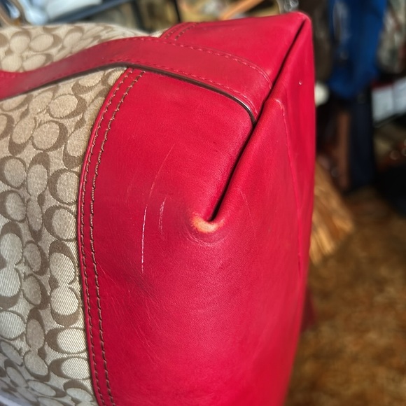 Coach 21154 Cherry Red Khaki Jacquard Legacy Signature Stripe Molly Bag - Picture 14 of 15